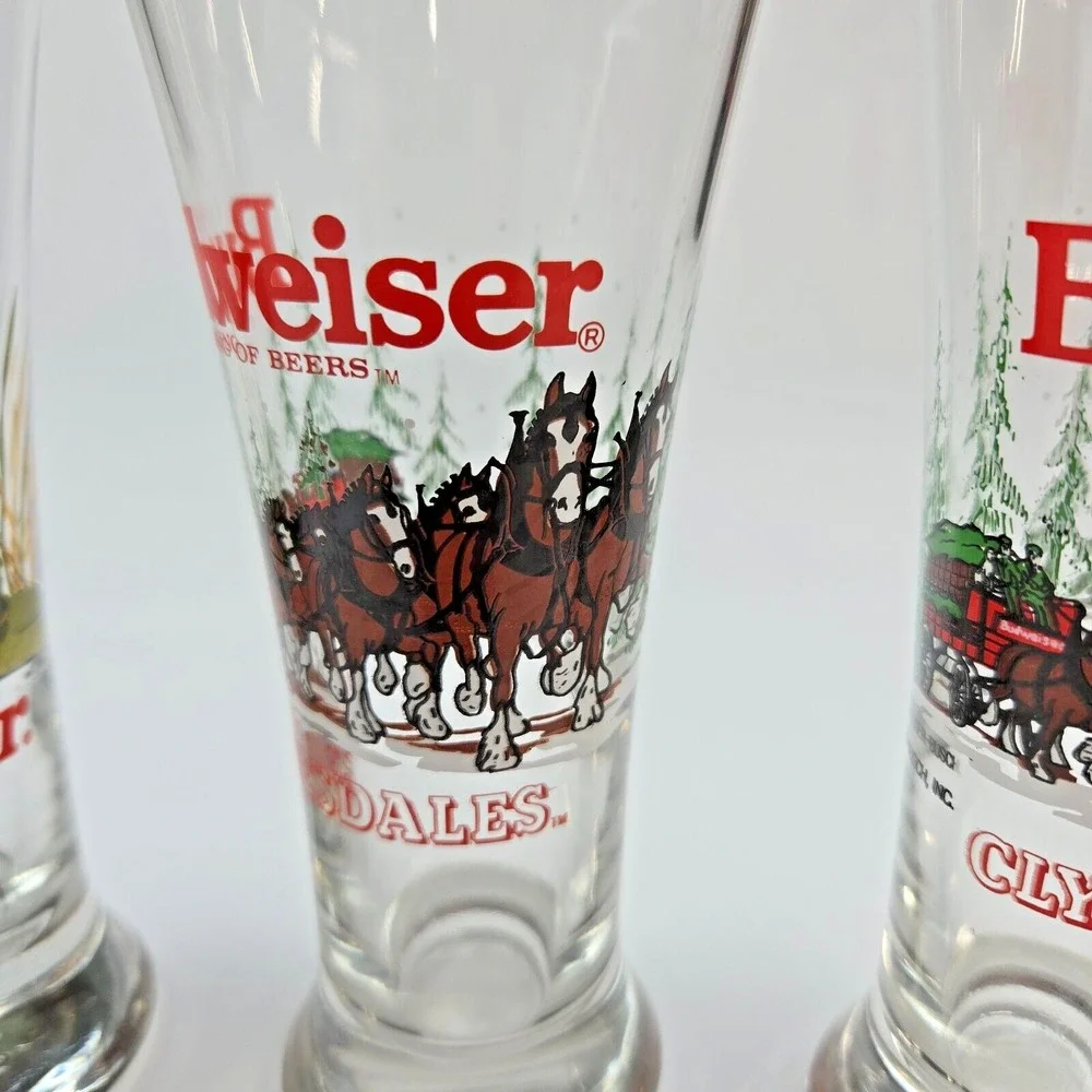 1989, 1996 Vintage Budweiser Holiday Clydesdales‎ & Frog Pilsner Beer Glasses